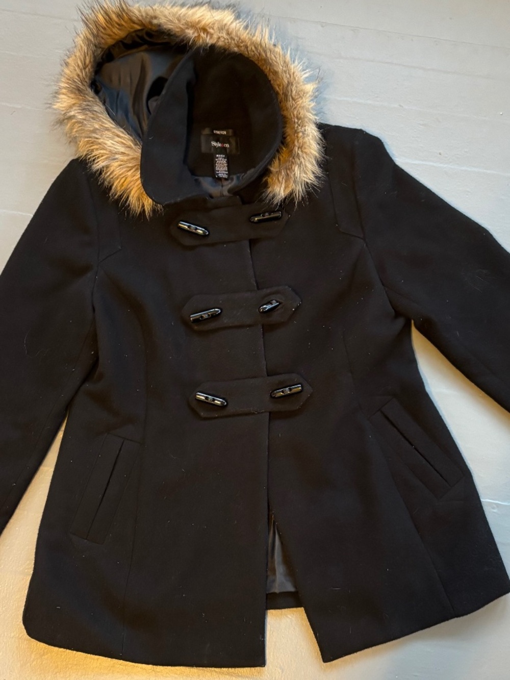 Style & Co. Faux Wool Winter Black Coat with Faux Fur Trim